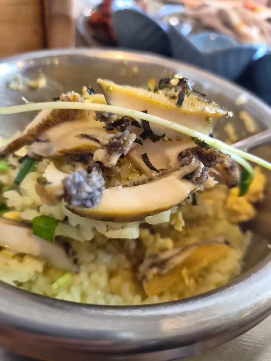 Abalone pot rice and abalone served in a bowl