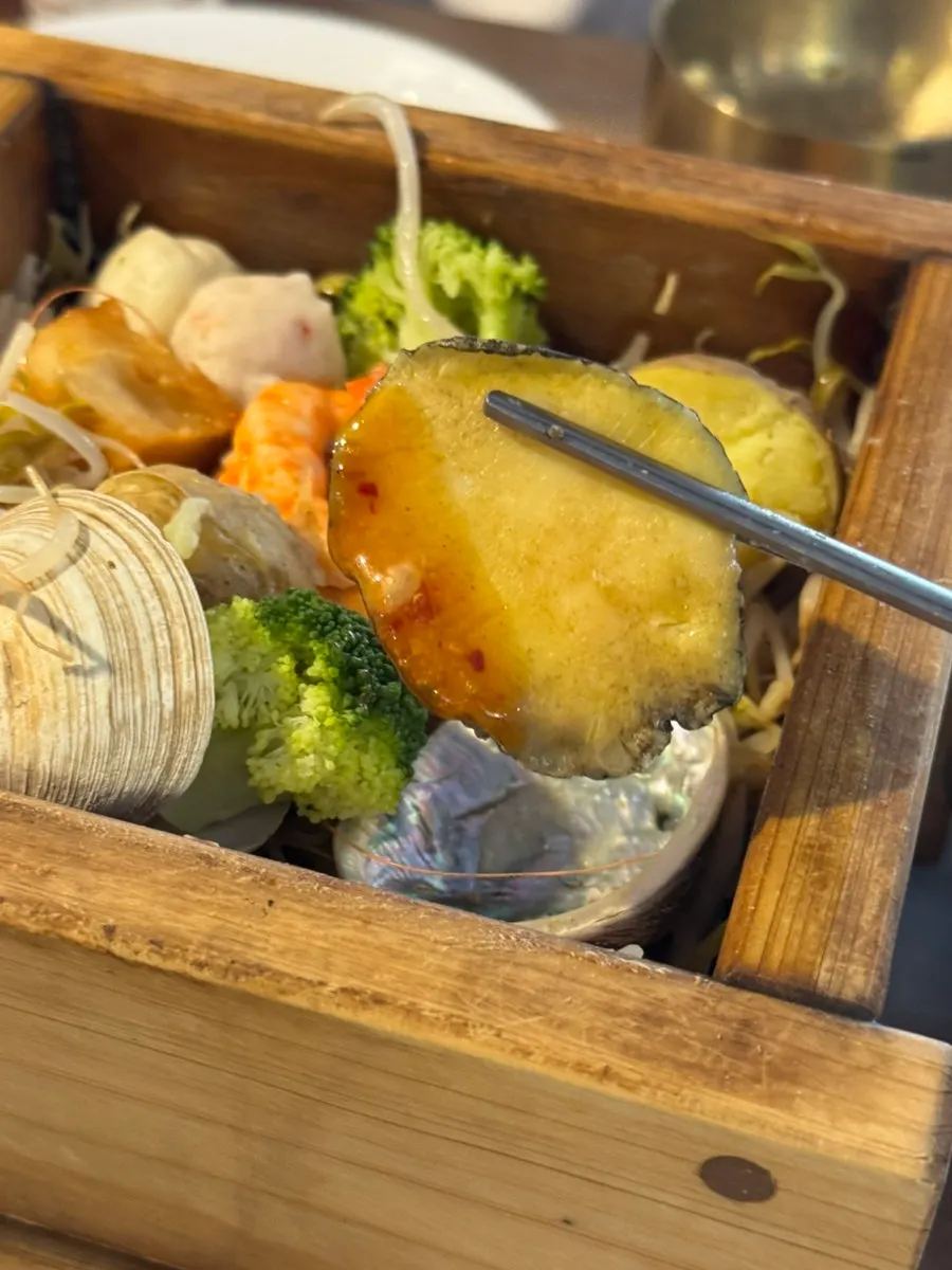 Seafood hinoki steam with abalone and shrimp