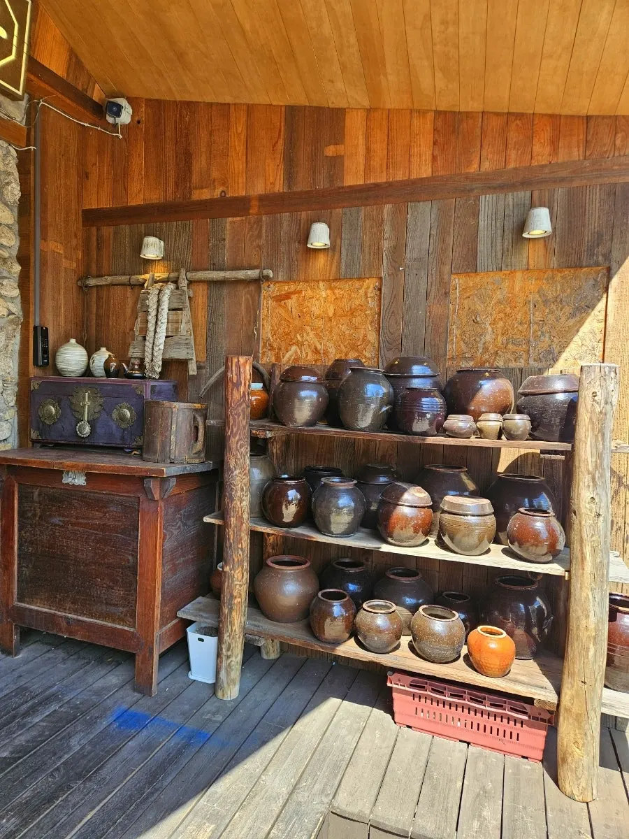Rows of onggi earthenware jars displayed on one side