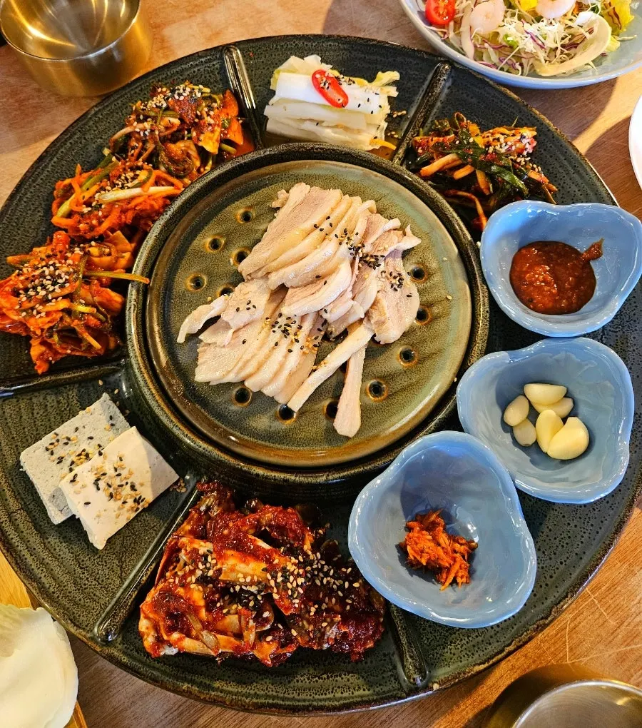 A full Korean set meal spread for two people