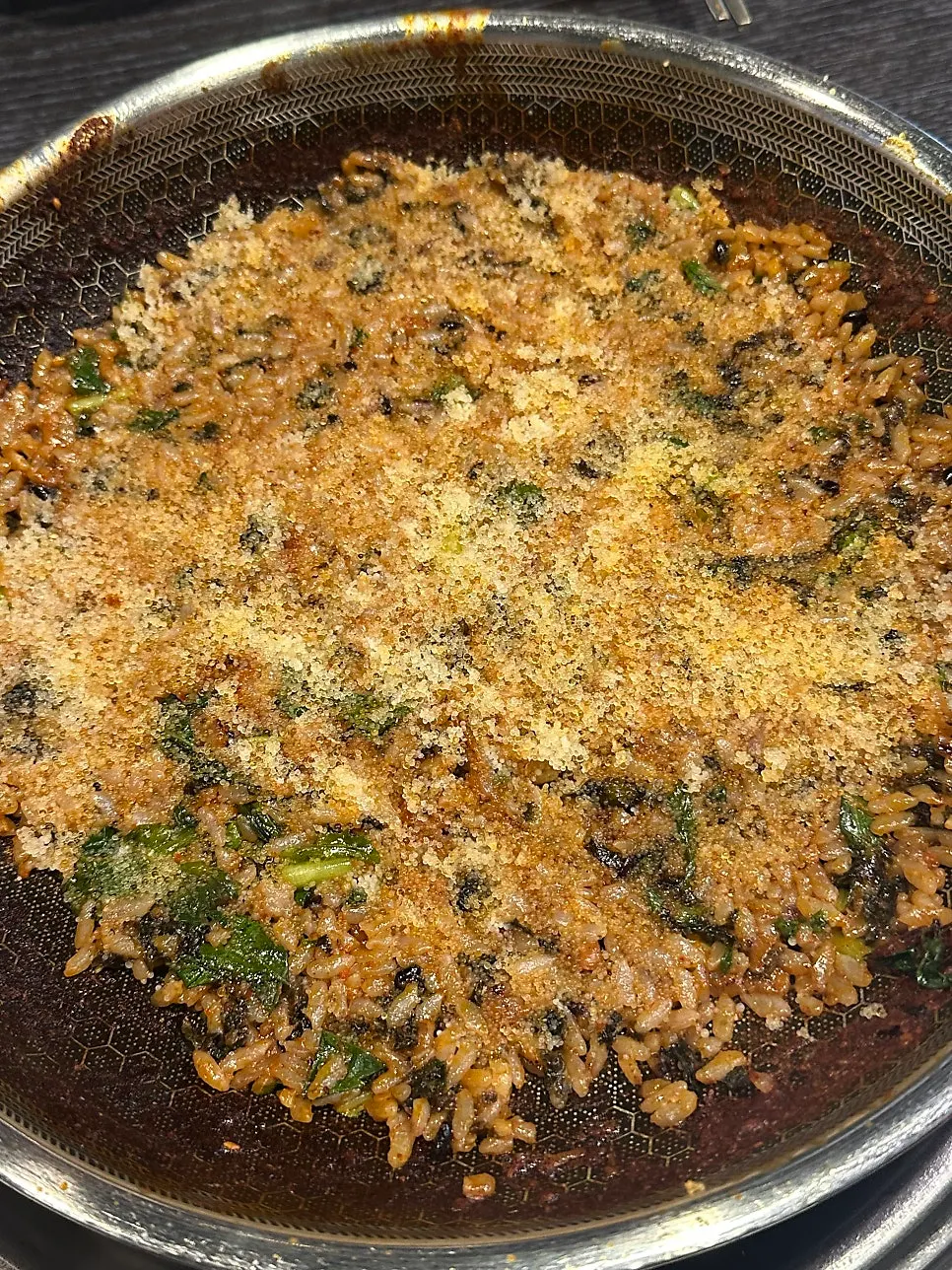 Flying fish roe fried rice cooked on the griddle, piled generously with roe