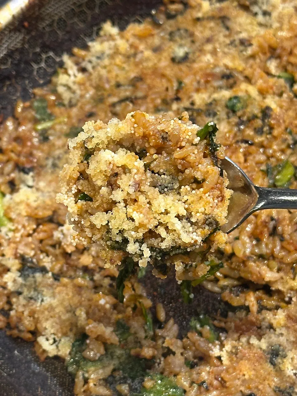 Close-up of fried rice with flying fish roe packed in tight