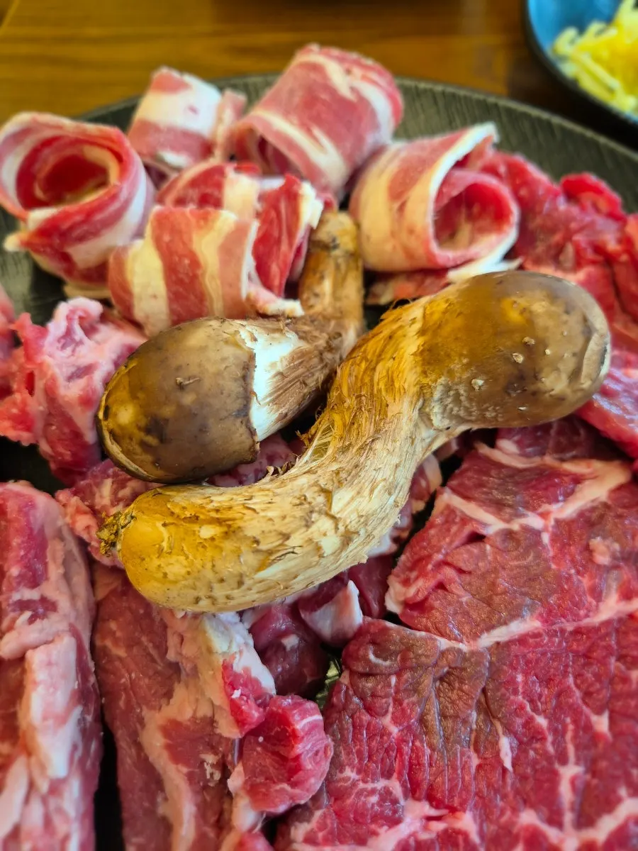 참송이버섯이 올라간 소고기 무한리필 접시