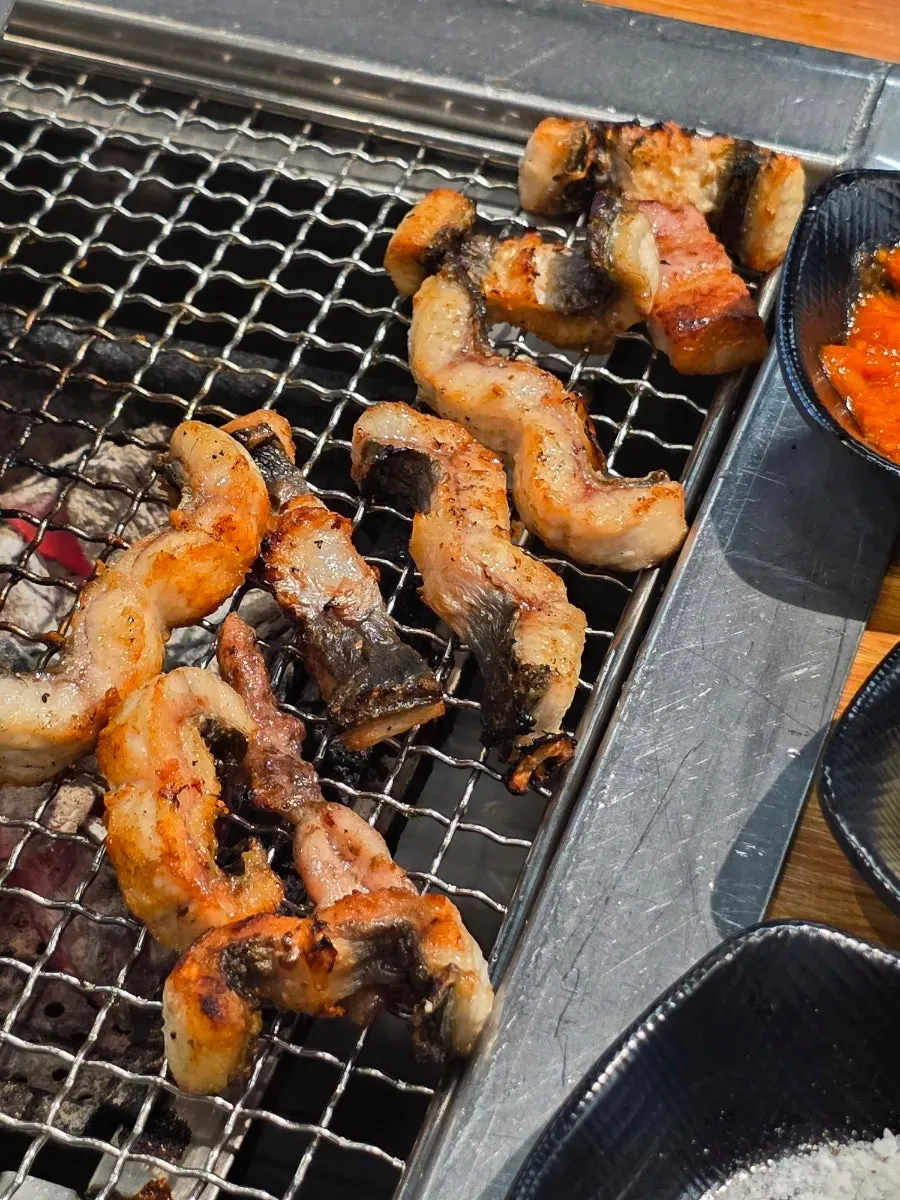 Eel filling up the grill plate