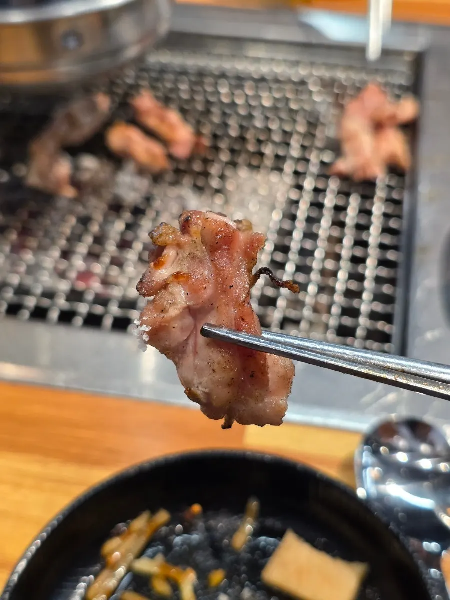 Pork belly and duck neck together on the grill