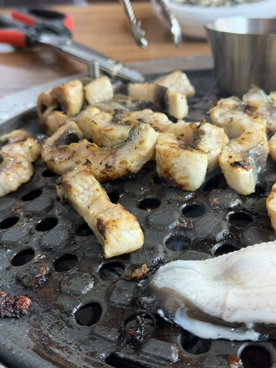 A piece of eel dipped in teriyaki sauce