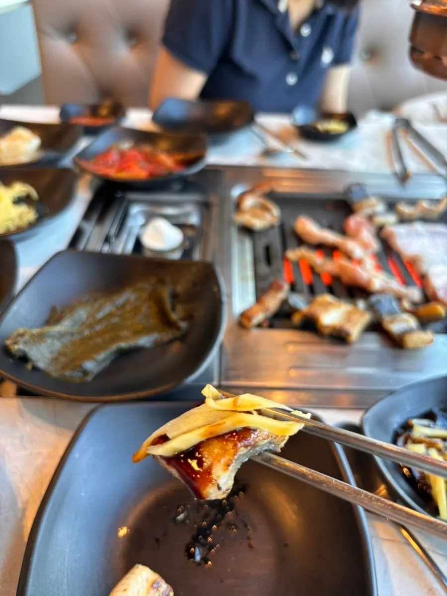 A piece of eel dipped in eel sauce