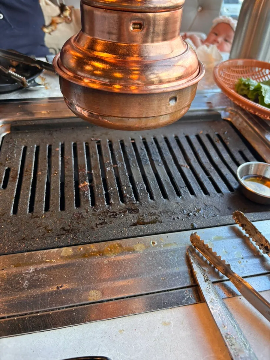 Empty grill and plates after finishing the meal