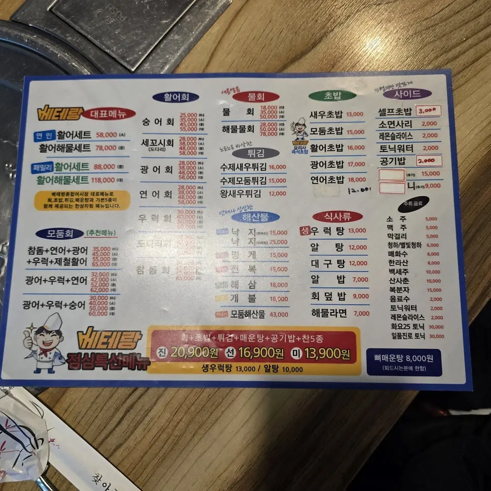 Menu board listing raw fish, mulhoe, sushi and sets