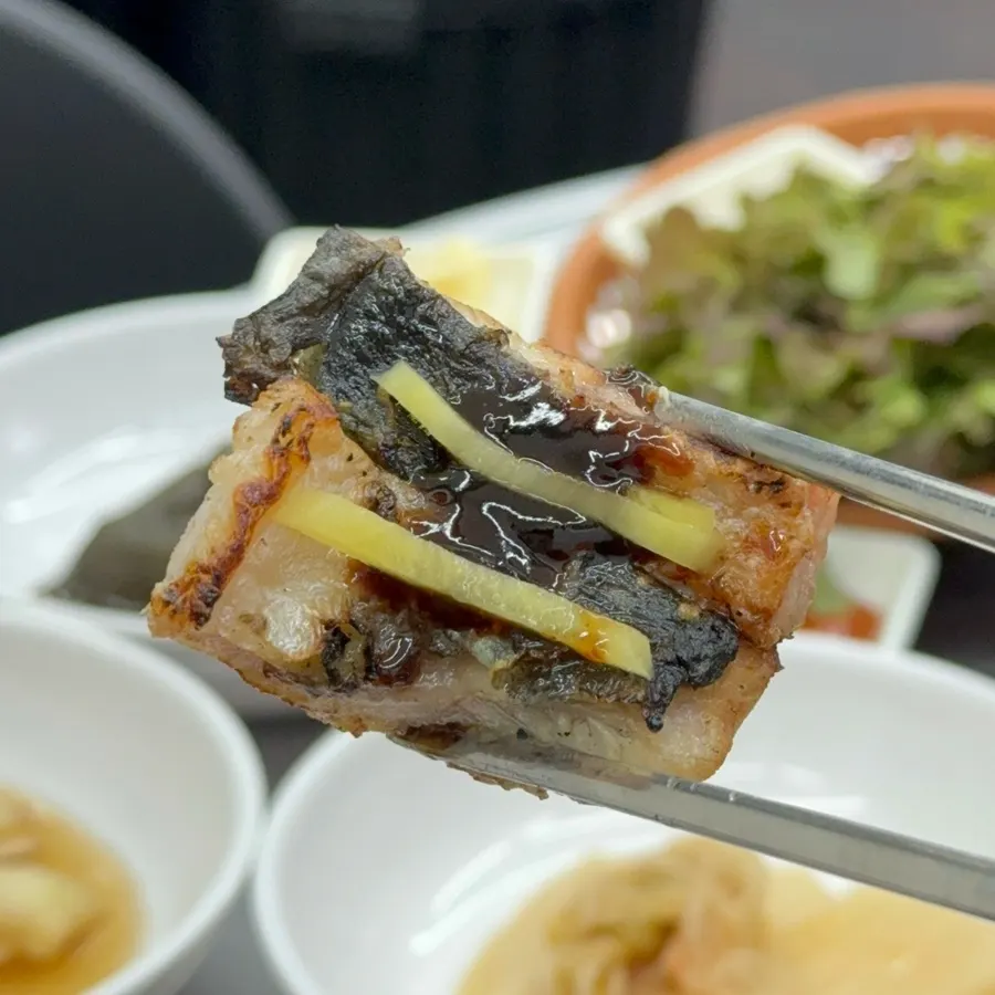 Eel paired with teriyaki sauce and julienned ginger