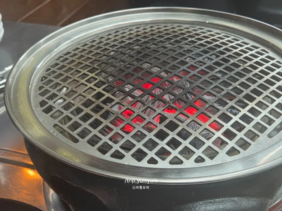 Eel and meat cooking over charcoal