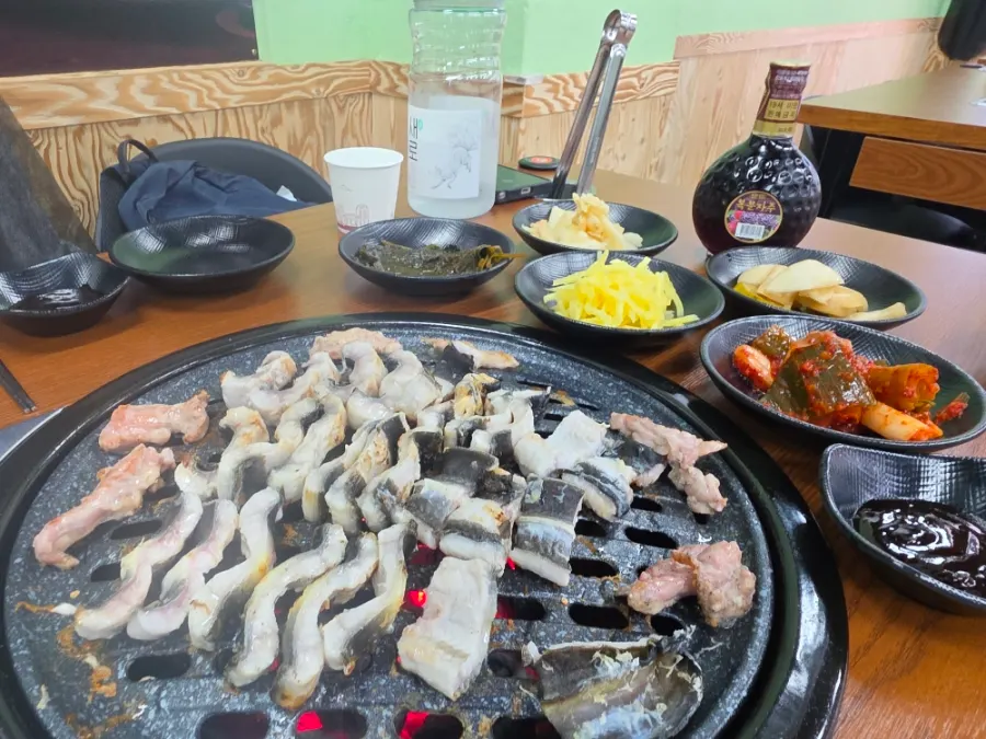 Eel browning nicely on the grill