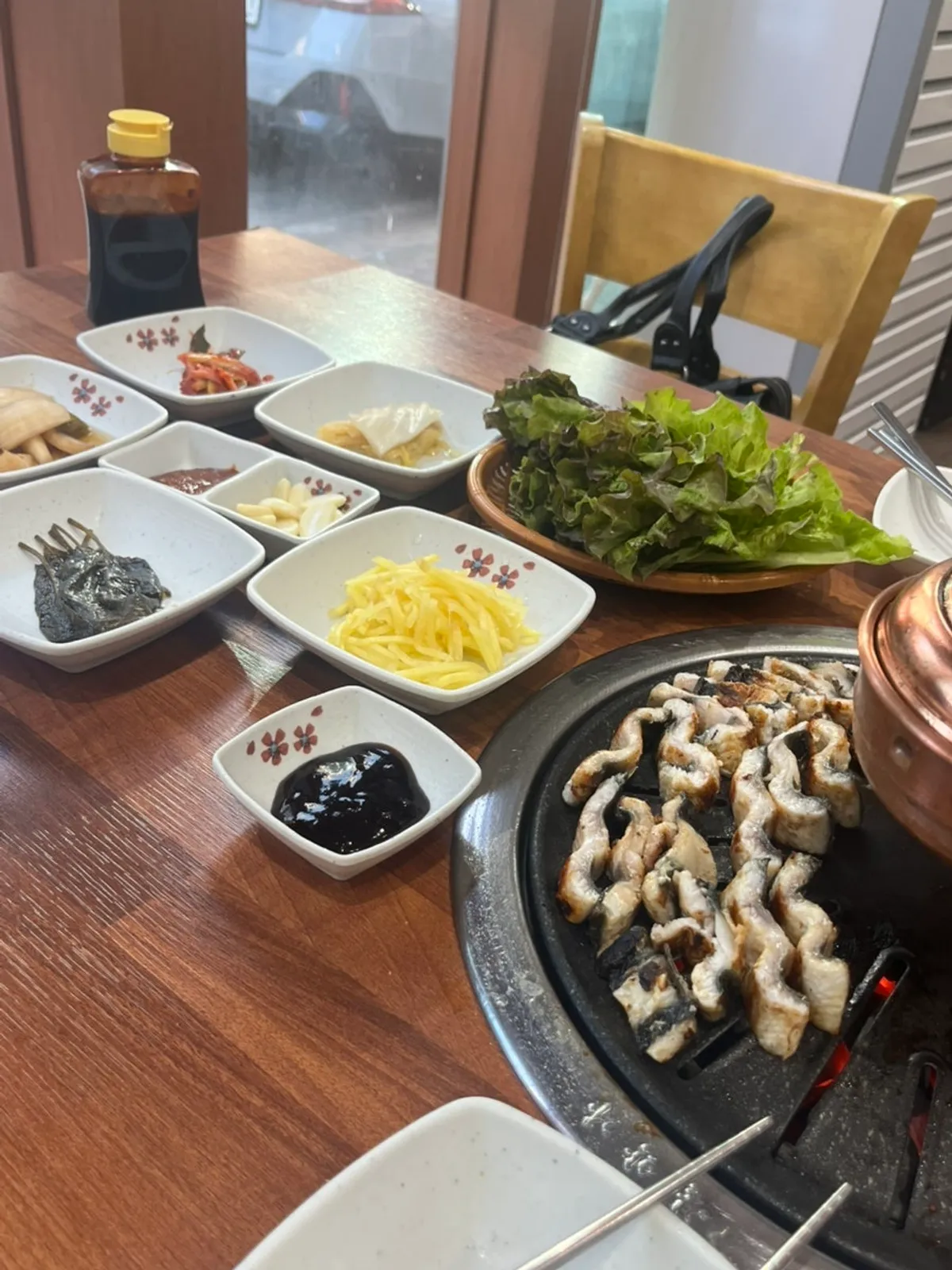 Freshwater eel stood up and grilled front and back