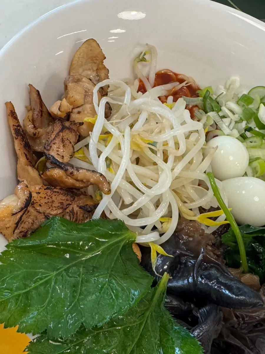 Chicken char siu bibim noodles topped with char siu