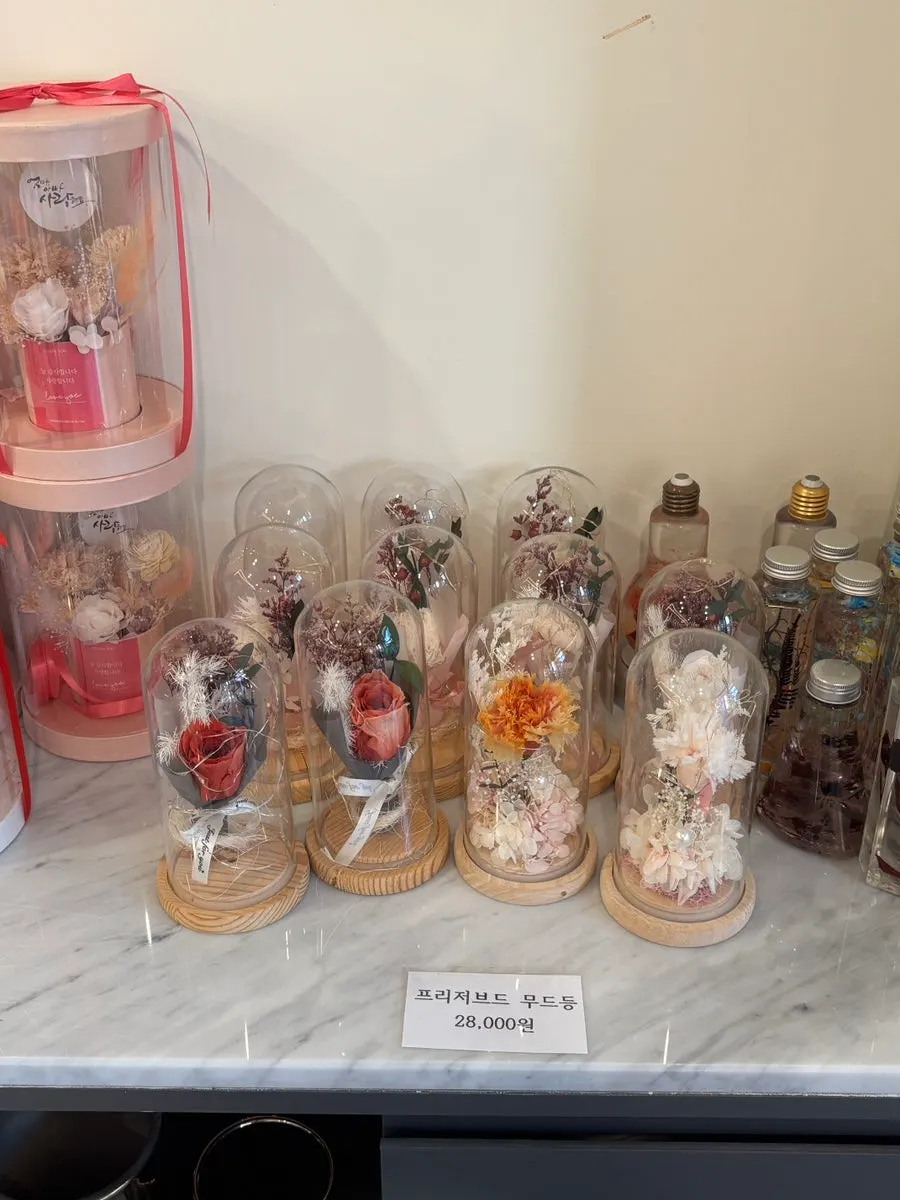 Flowers and small gift items displayed together