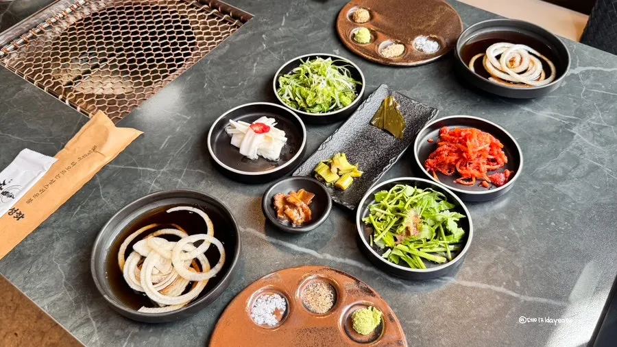 A meal spread served with the seasoned short rib