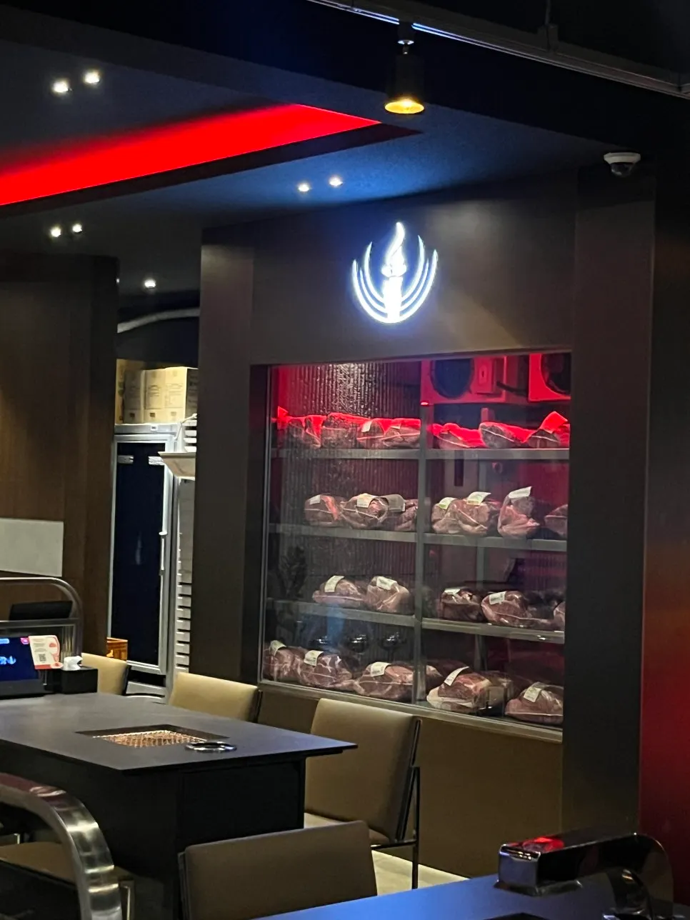Aged meat display inside the restaurant