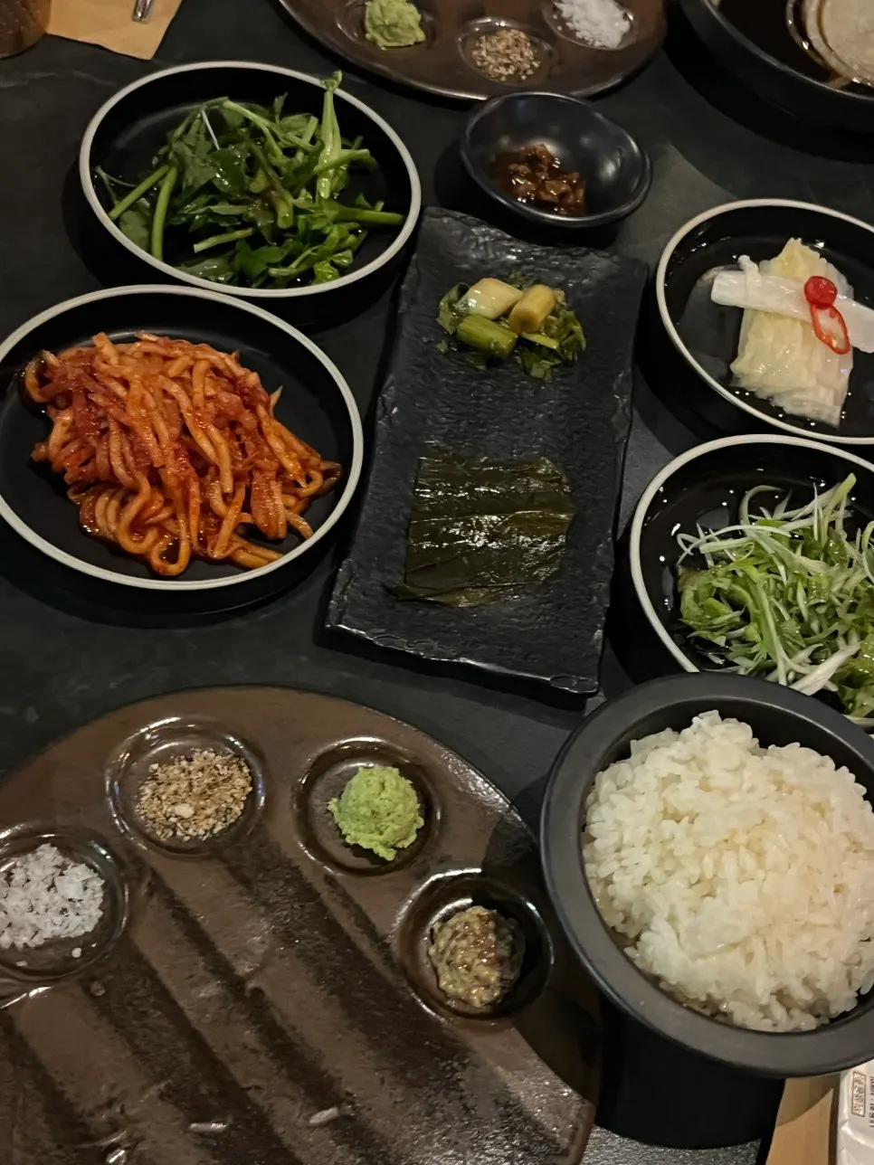 Neatly arranged side dish spread