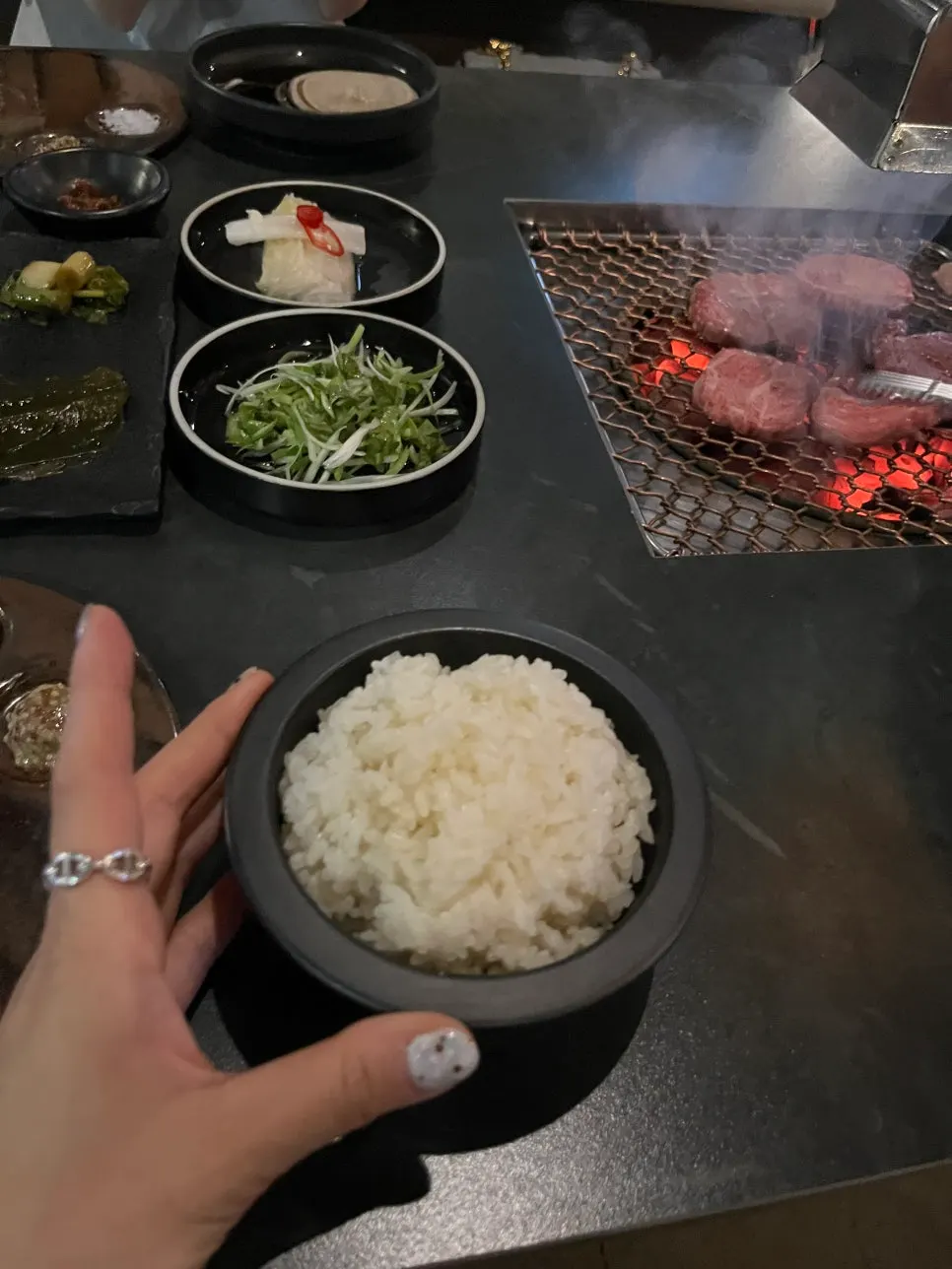 A bowl of rice served alongside the beef