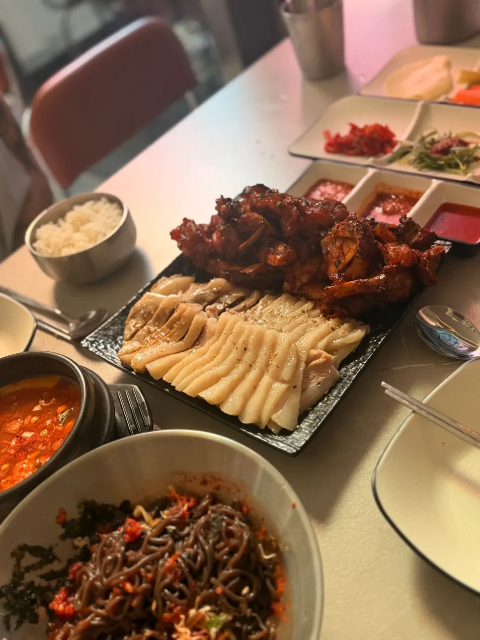 Fire jokbal spread served with makgeolli