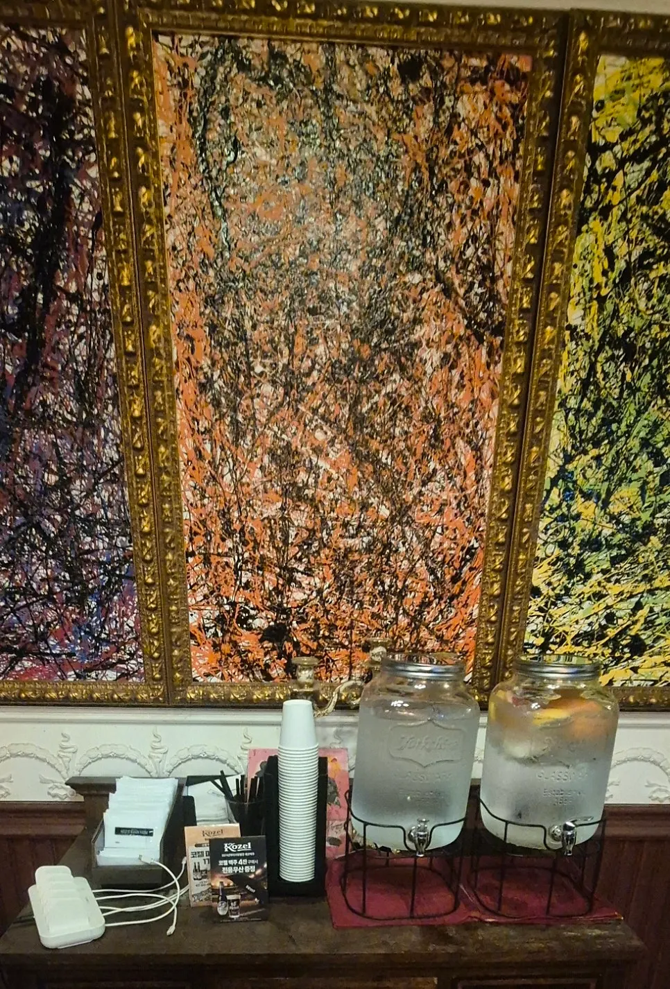 Self-serve corner with plain and lemon water