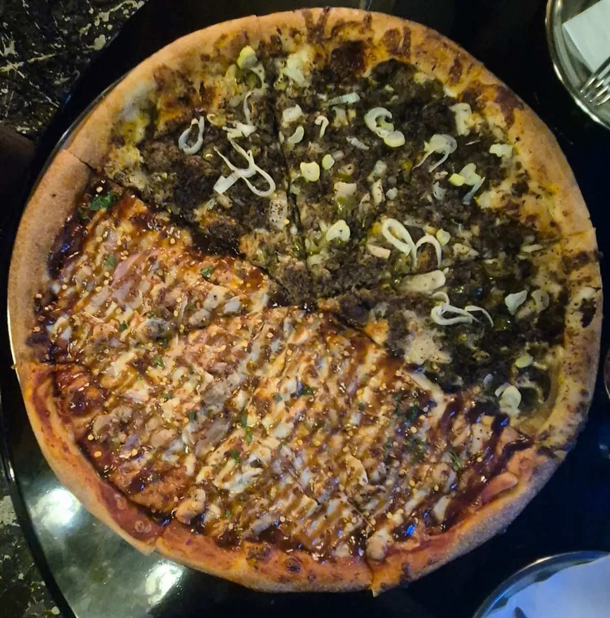 Large pizza ordered half beef, half chicken