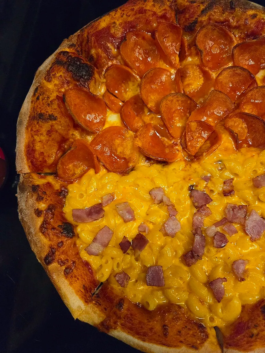 Full view of the regular-size half-and-half pizza