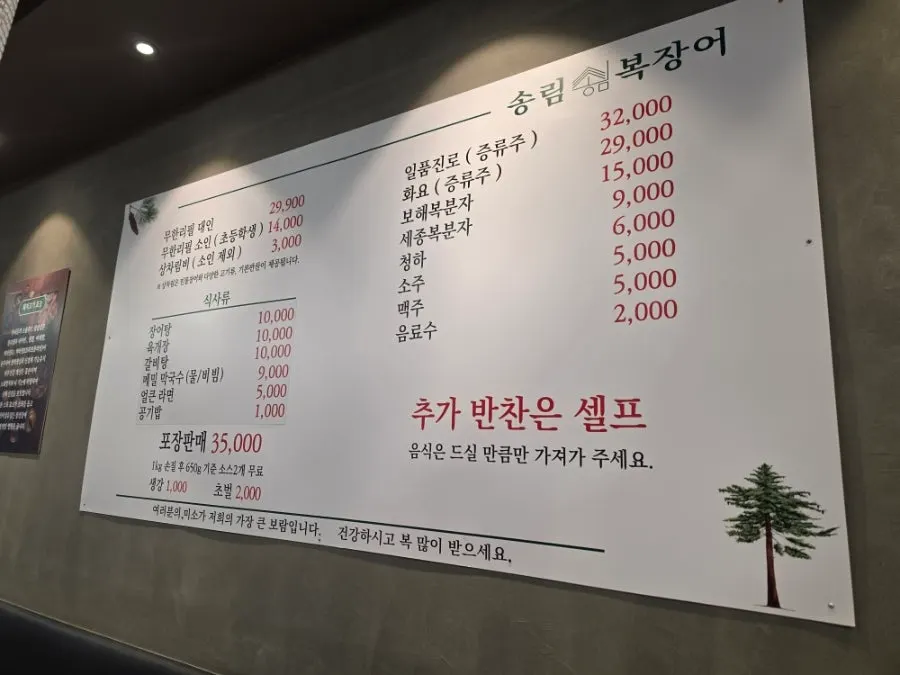 Sign showing all-you-can-eat freshwater eel prices and table charge