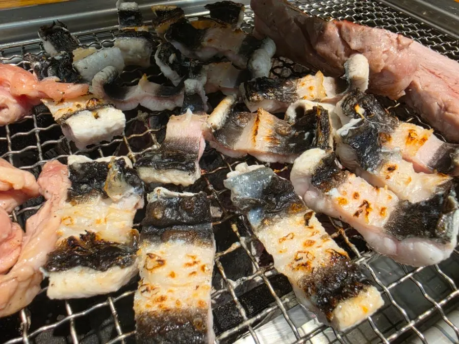 Charcoal-grilled eel being dipped into sauce