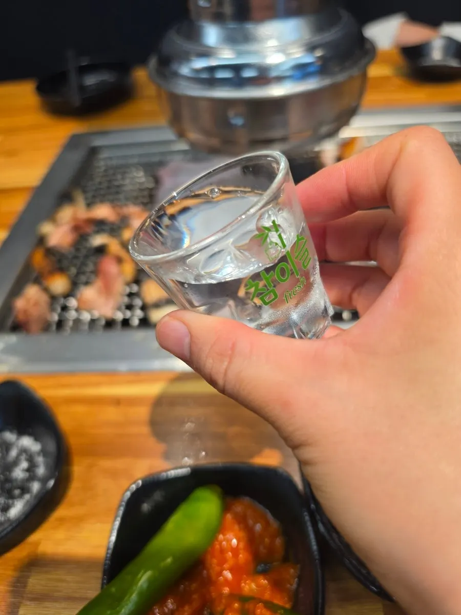 A shot of soju enjoyed alongside the grilled eel