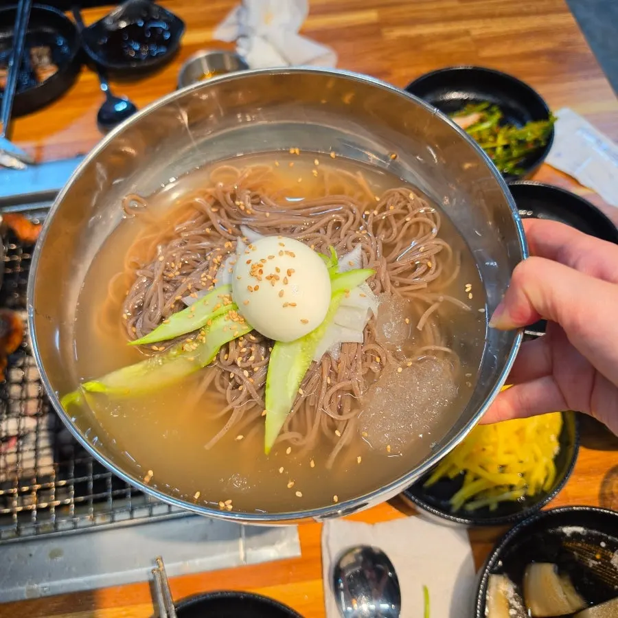 A bowl of cold buckwheat noodles with bits of ice