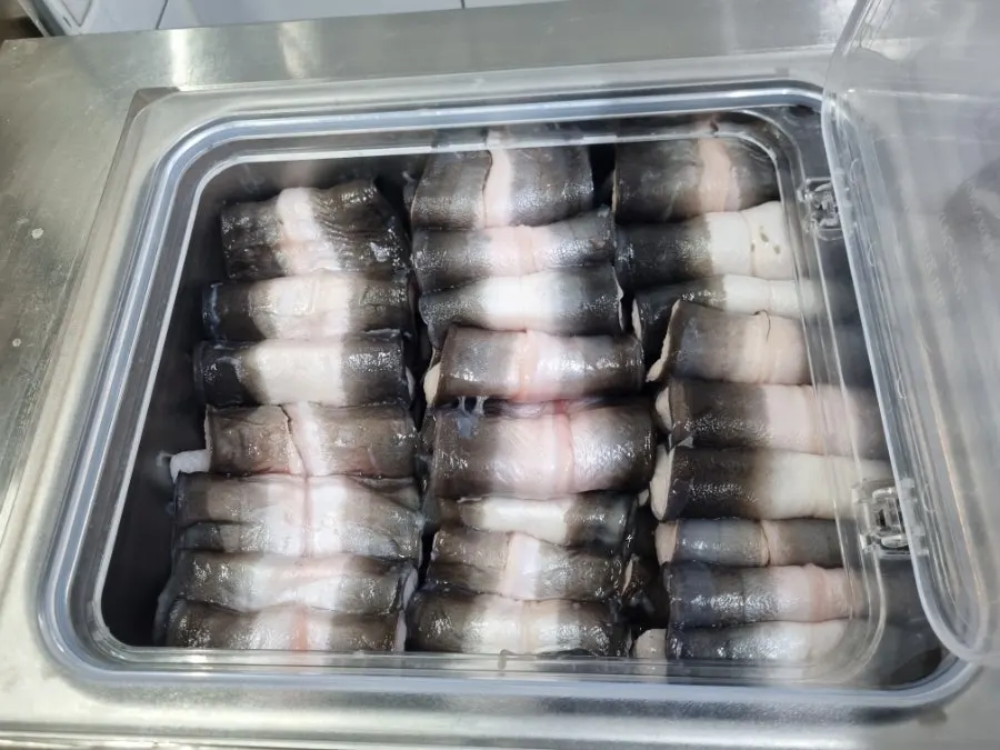 Tray of pork belly on the self-bar