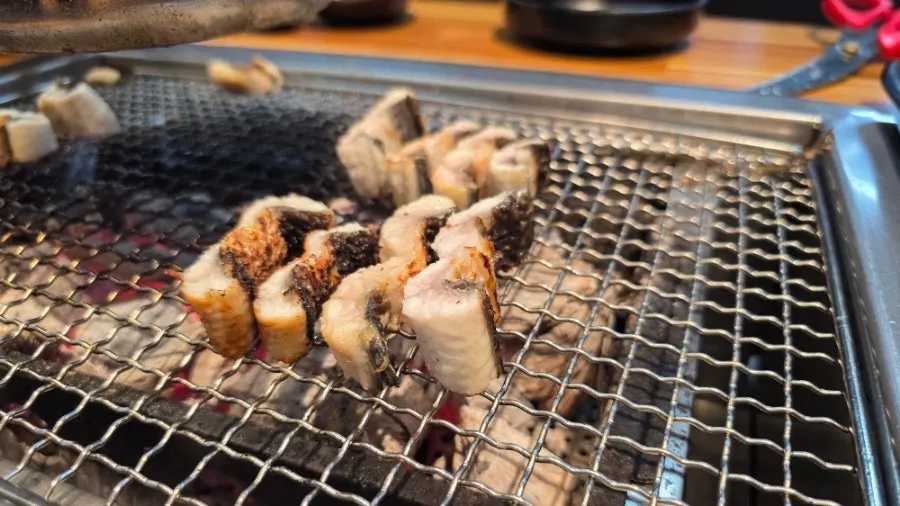 Plump freshwater eel cut with scissors