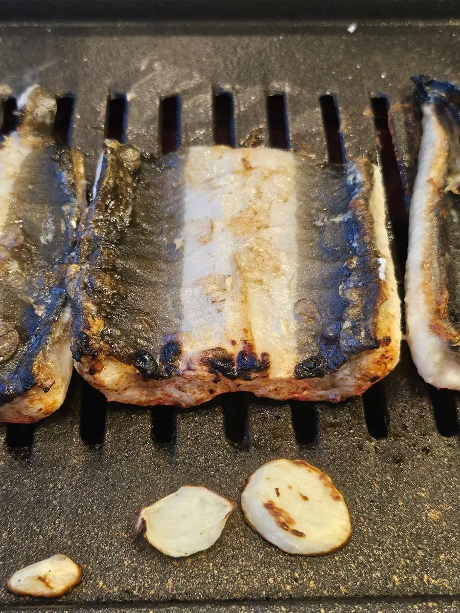 Close-up of a thick grilled eel piece