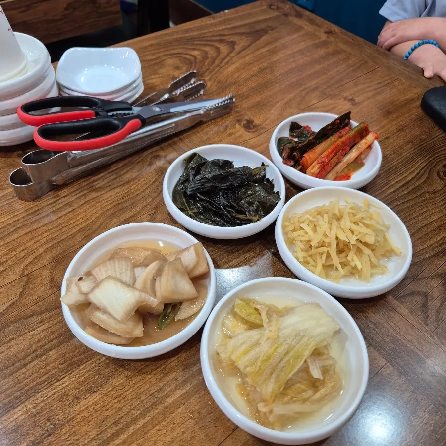 Basic side dish spread with green onion kimchi and pickles