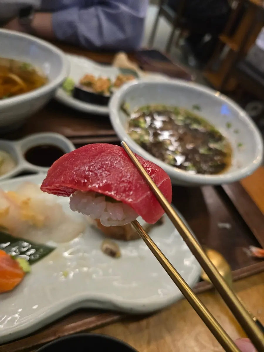 Egg nigiri, octopus wasabi, and shrimp nigiri