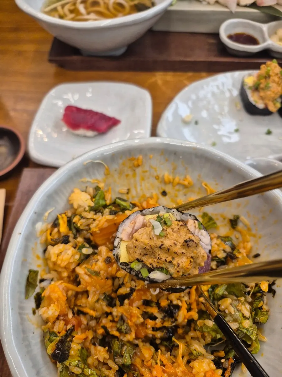 Close-up of tuna belly sushi