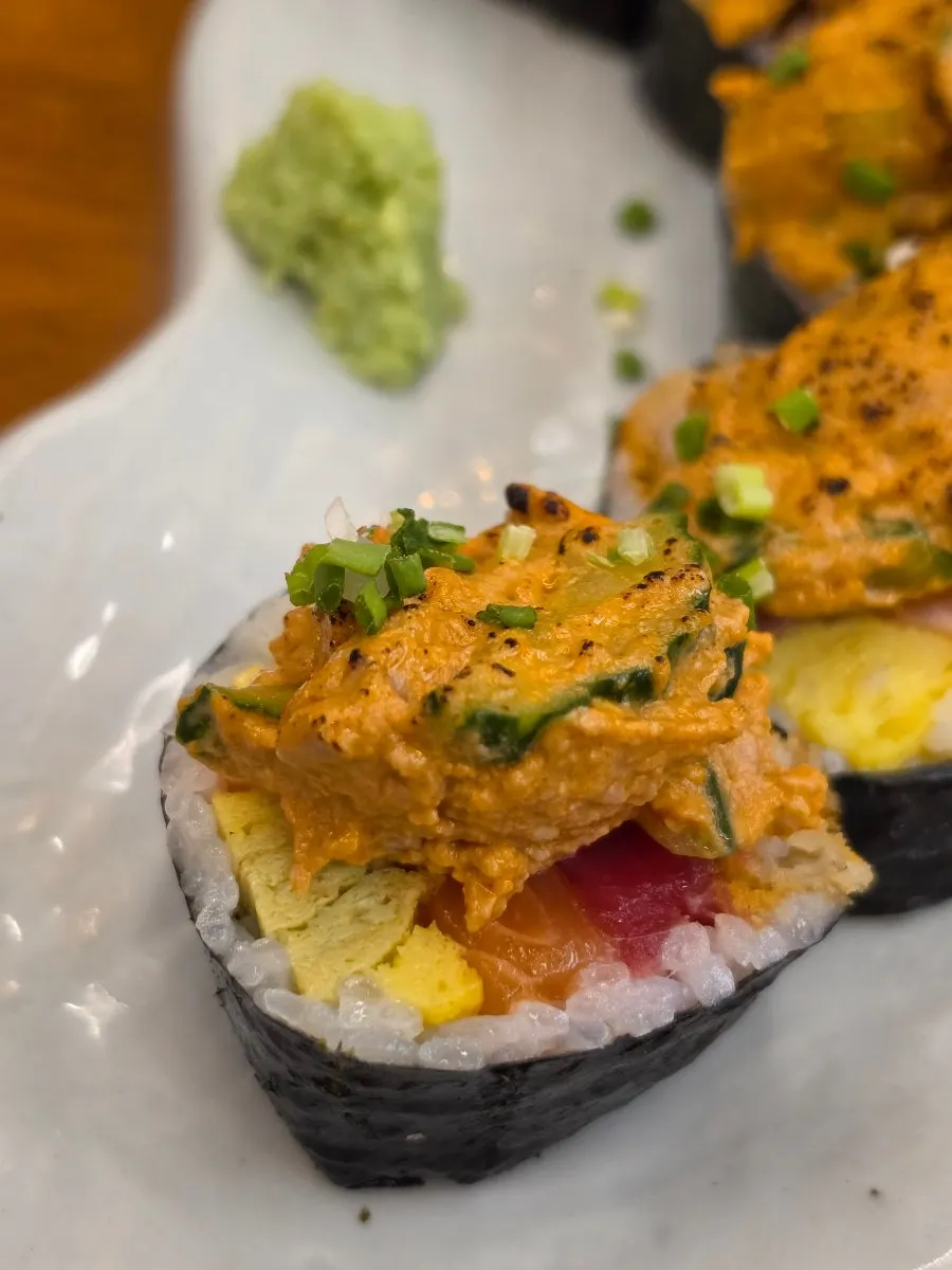 Cross-section of the smoky ankimo futomaki
