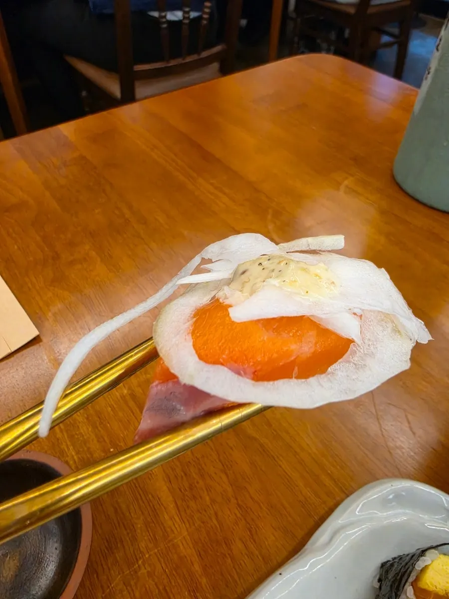 A chewy piece of aged sushi