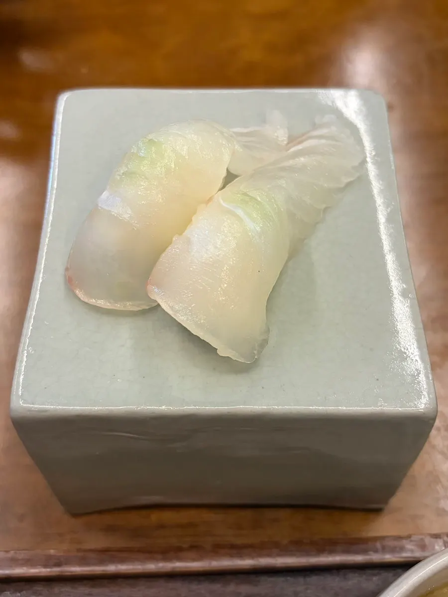 Close-up of aged large flounder nigiri
