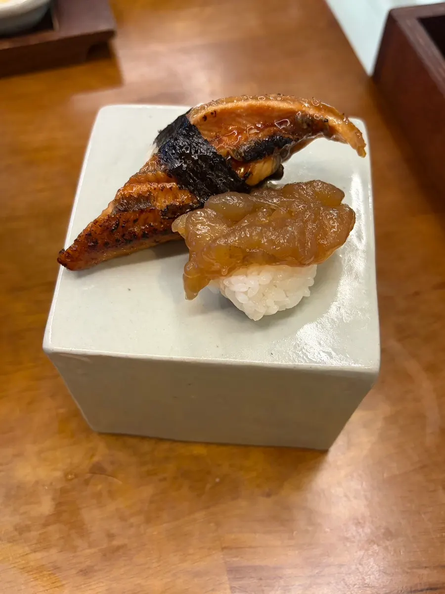 The added soy-marinated shrimp and eel nigiri