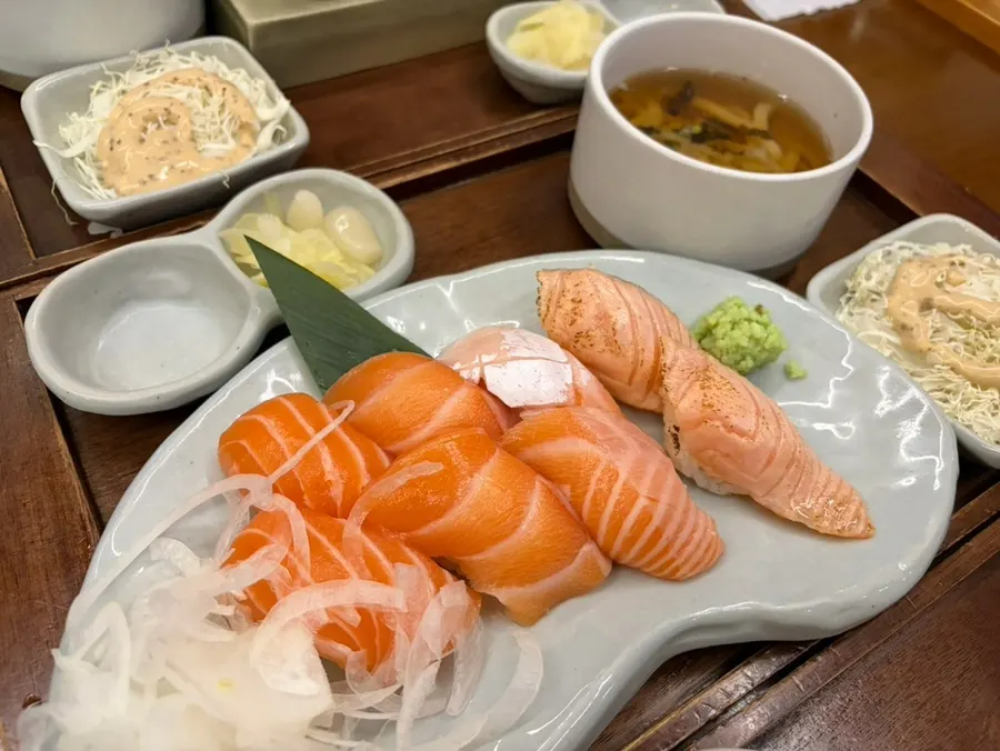 Close-up of kobujime-aged salmon nigiri