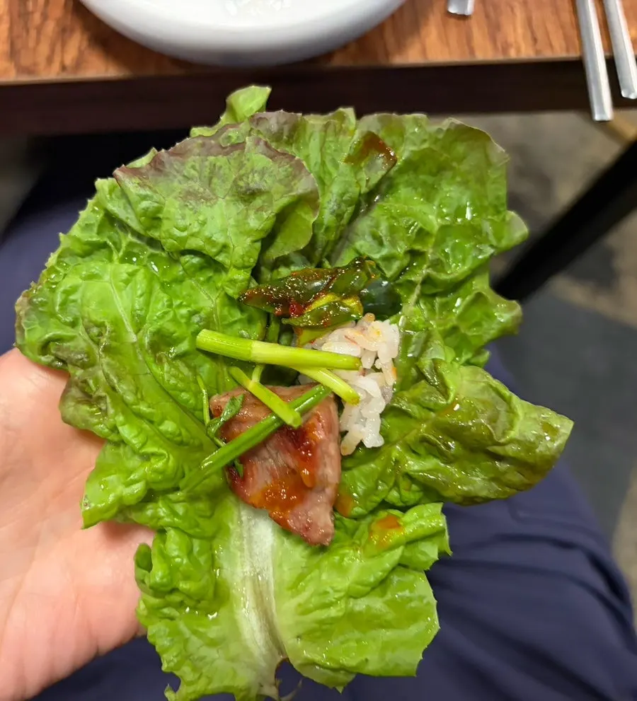 Grilled vegetables and meat cut into bite-sized pieces