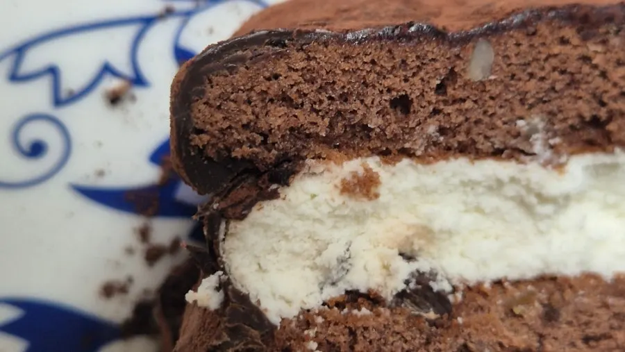 Cross-section of the real chocolate Choco Pie with something embedded between the layers