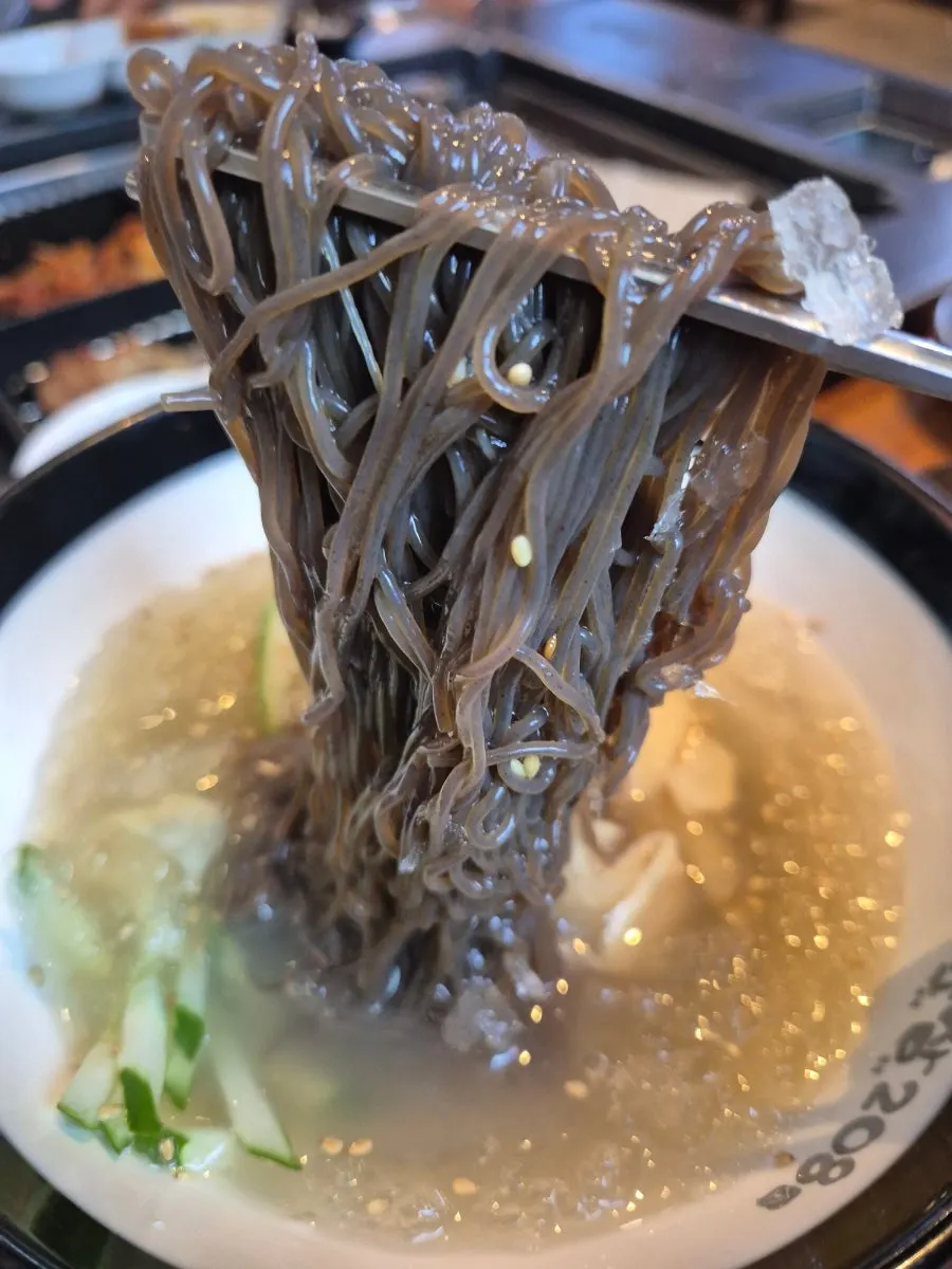 Cold noodles topped with egg, pickled radish, and cucumber