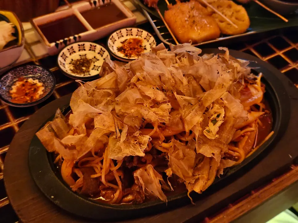 Close-up of kushikatsu skewers