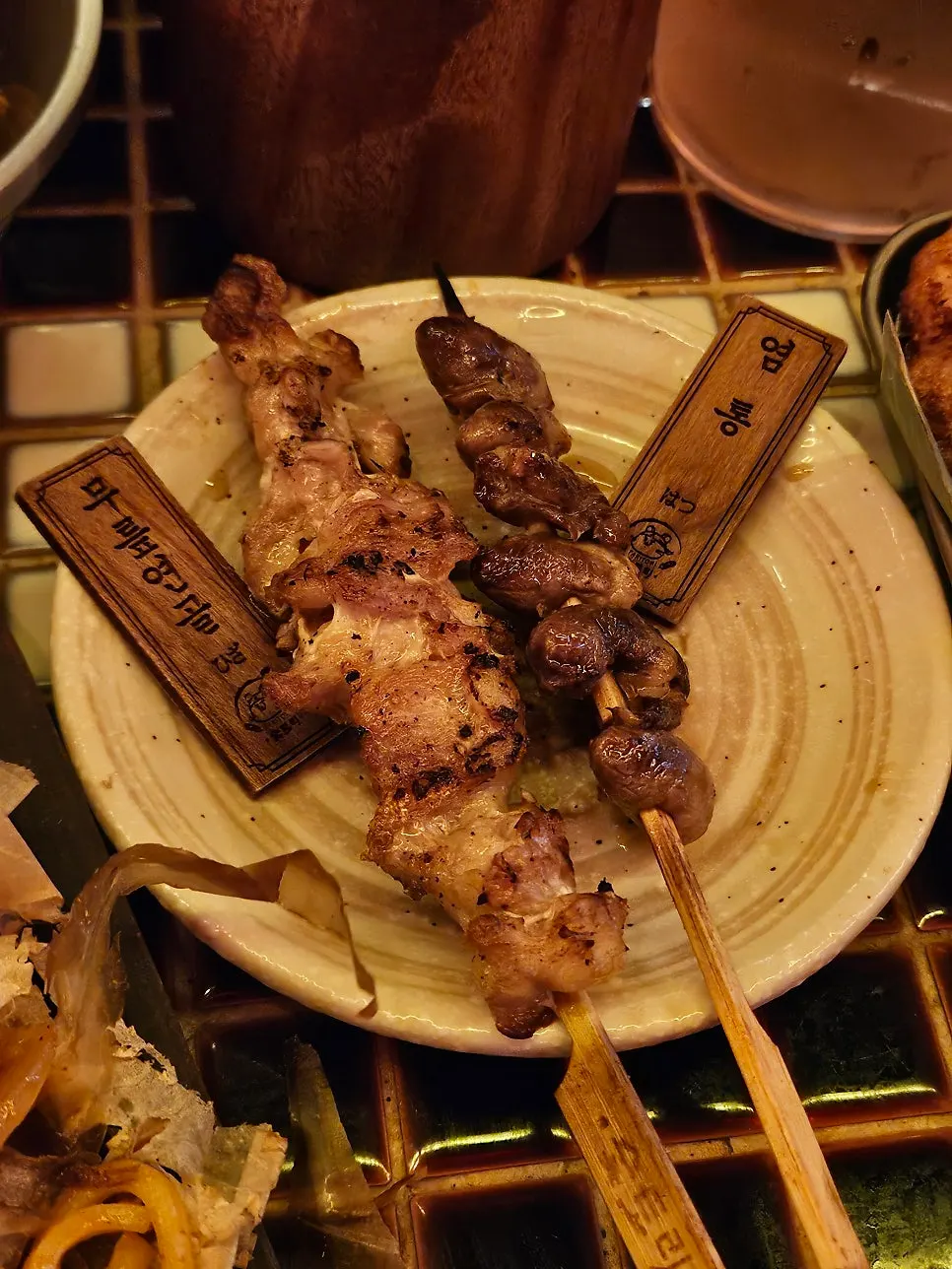 Pork neck, cartilage, and heart yakitori skewers