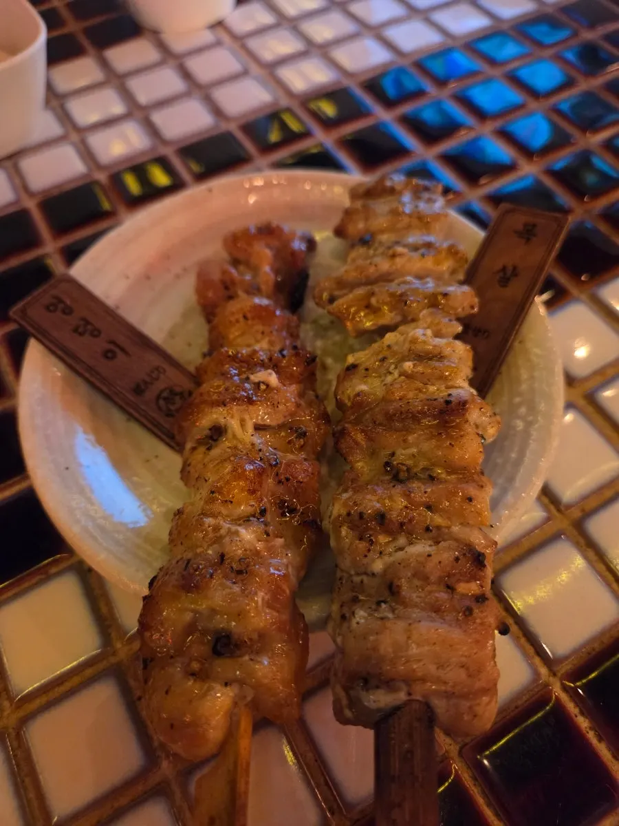 Close-up of charcoal-grilled yakitori including chicken skin