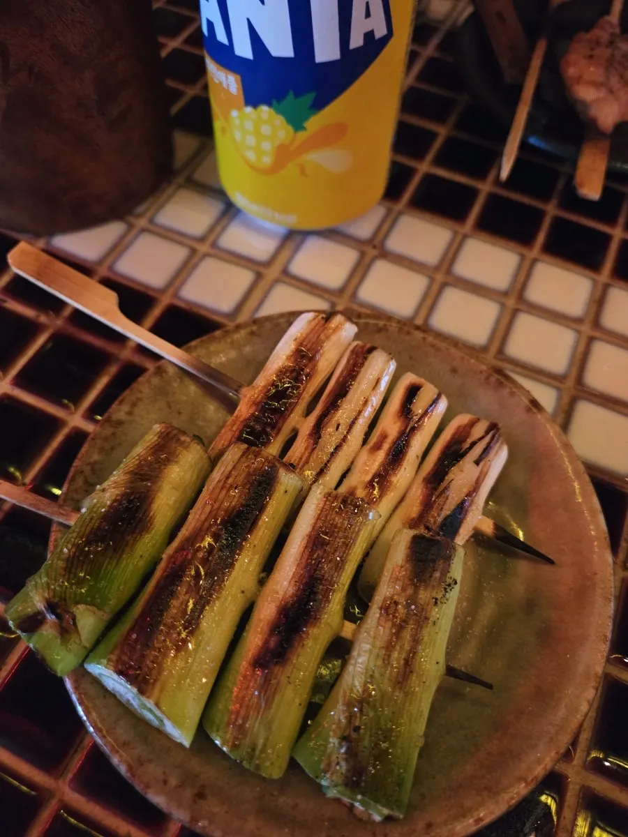 Extra grilled scallion skewer that was added to the order