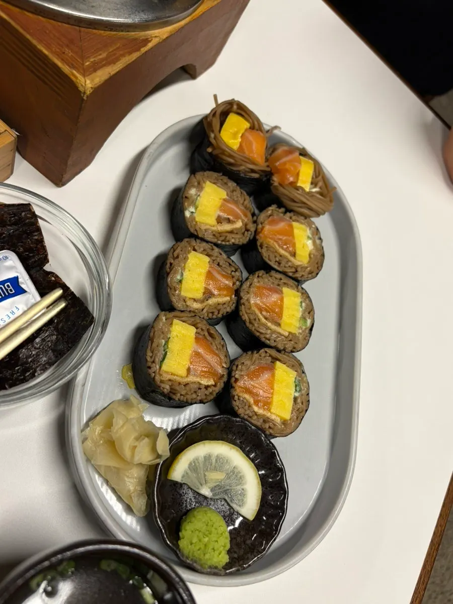 A plate of Sorori's salmon buckwheat gimbap